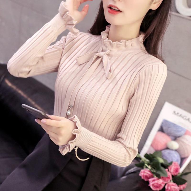 Bowknot Korean Knit Sweater Autumn and Winter Long-sleeved Slim Pullover Sweater Wood Ear Bottoming Shirt