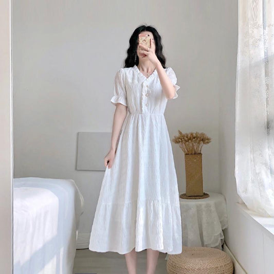 Summer French Retro Temperament Small Fragrance White Dress Chiffon White Dress V-neck Short-sleeved A-line Dress Sweet and Cute