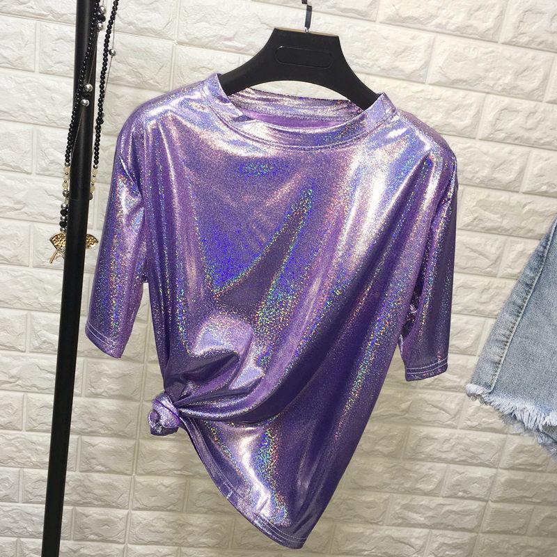 Ladies T-shirt Reflective Summer Short Sleeve Personality Tops Women Loose Shiny T Shirt