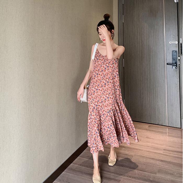 Floral Sling Skirt Cute Sweet Girl V-neck Mid-length Dress Sleeveless