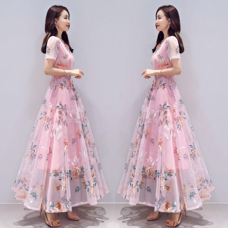 Embroidered Net Yarn Printed Chiffon Dress Summer Long Waist Short-sleeved Beach Skirt Long Skirt Temperament Elegant Long Skirt Women