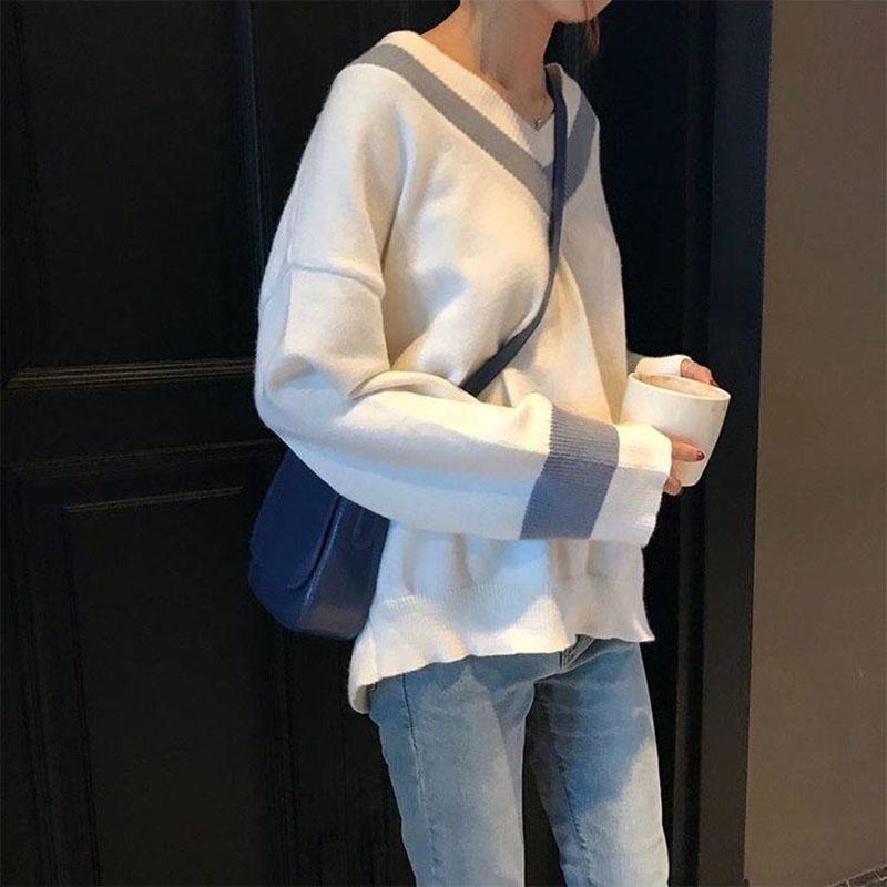Winter Sweater Female Stripe V-neck Sweater Loose Lazy Wind Sweater College Wind Bottoming Shirt