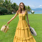 Pofulove Women Solid Color Strap Dress Sexy Waist Sling Dresses Sleeveless Long Seaside Beach Skirt