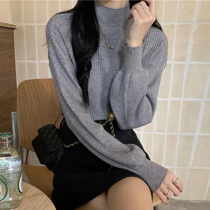 Half Turtleneck Bottoming Shirt Women's Fashion Vertical Stripe Pullover Solid Color Stretch Long Sleeve Sweater