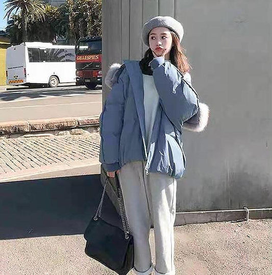 Winter Short Coat with Fur Collar Thick Windproof Cold Warmth Loose INS Style Casual Slim Solid Color Ladies Hooded Jacket Padded
