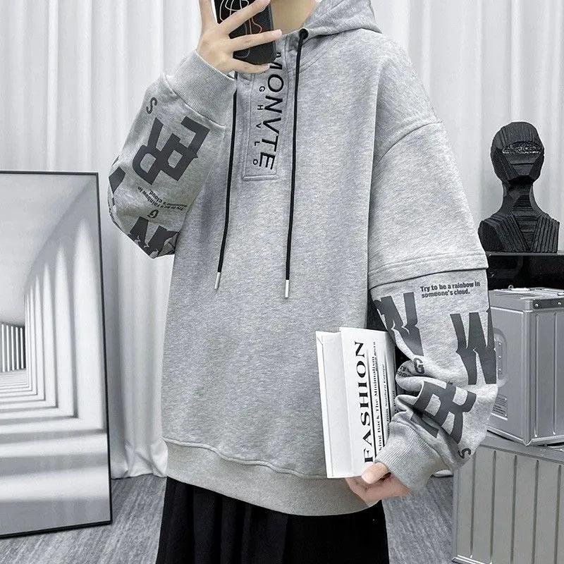 Hooded Sweater Men's Spring and Autumn Loose Large Size All-match Fake Two-piece Top Pullover Thin Section
