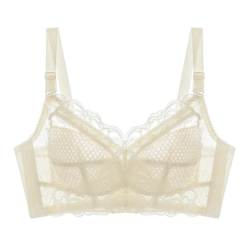 Women's Large Size Bra Full Cups Breathable No Steel Ring Bra Ultra-thin Soft Sexy Floral Lace Transparent Brassiere Hollow Out Adjustable Underwear