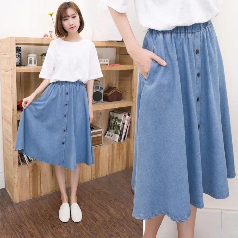 Woman Skirts Spring Summer Elastic High Waist A-line Denim Skirt Girl's Solid Color Loose Gothic Buttons Pockets Skirts