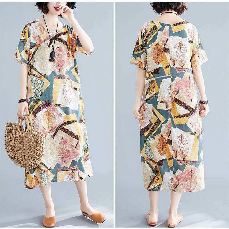 Women's Summer Dress Literary Retro Large Size Printing Round Neck Pocket Loose and Thin Cover Belly