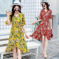 Summer Cotton Drawstring Dress Medium-length Floral Dress Belt Flare Sleeve Irregular Dress