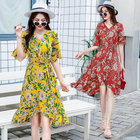 Summer Cotton Drawstring Dress Medium-length Floral Dress Belt Flare Sleeve Irregular Dress