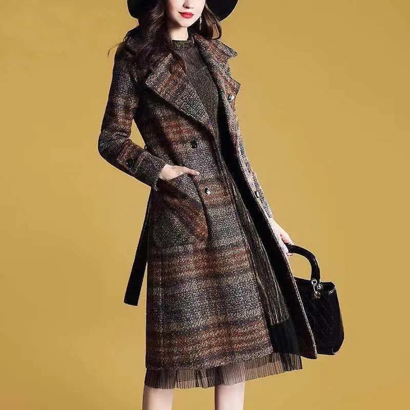 Autumn and Winter Woolen Coat Korean Style Slim-fit Belt Woolen Coat Women's Thick Large Size Mid-length Over-the-knee Coat