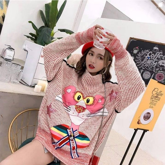 Pink Panther Beads Knitwear Turtleneck Loose Knitting Pullover Chic Women Jumper Sweater
