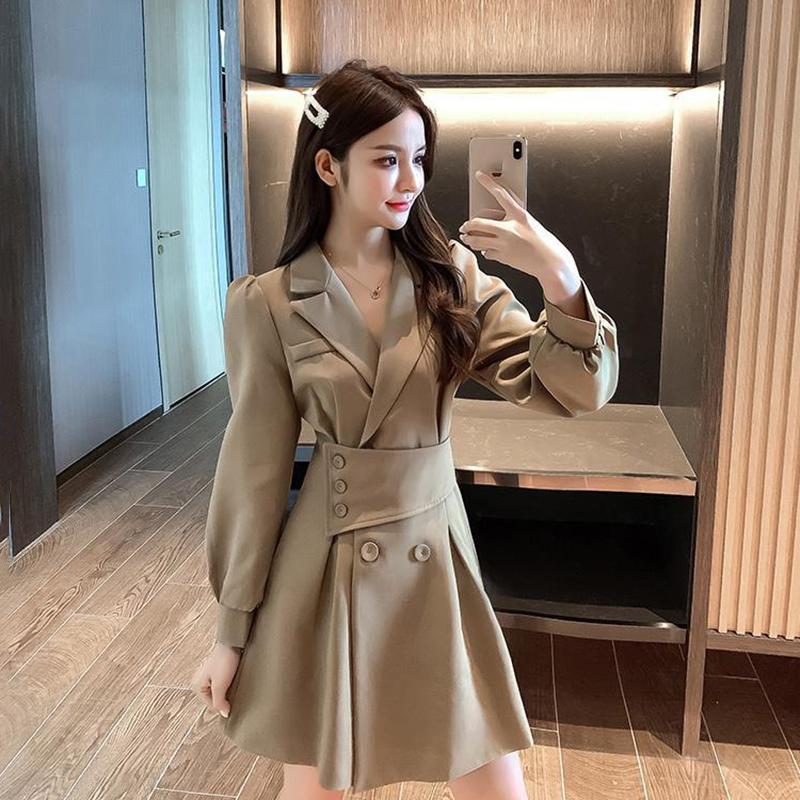 Suit Collar Long-sleeved Dress Women's Spring and Autumn Korean Style Design Windbreaker Short Skirt Ladies A-line Skirt
