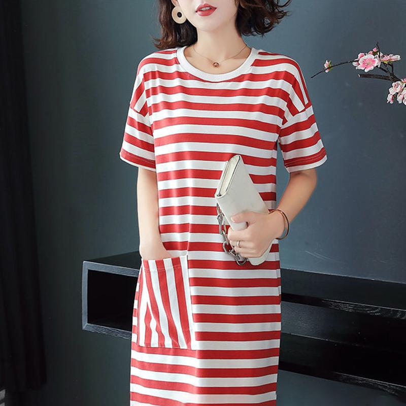 Cotton Fabric Loose Mid-length Striped Pocket T-shirt Skirt Covering The Flesh and Slimming Short-sleeved Dress Women's Loose Striped Straight Dress