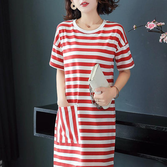 Cotton Fabric Loose Mid-length Striped Pocket T-shirt Skirt Covering The Flesh and Slimming Short-sleeved Dress Women's Loose Striped Straight Dress