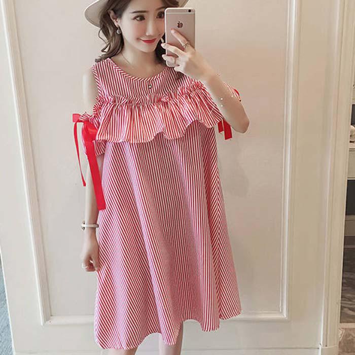 Pofulove Women Off Shoulder Striped Shirt Dress Office Lady Loose Thin Mid-length A-line Beach Skirt