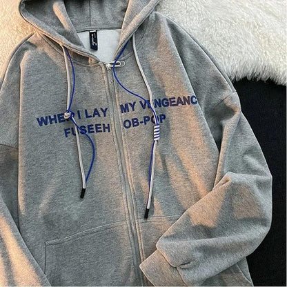 Women's Autumn and Winter Fleece Thickened Hooded Sweater Student Loose and Lazy Style Zipper Jacket Ins Casual Printed Jacket Fashion Cardigan