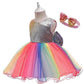Girls Princess Dress Bowknot Evening Dress Rainbow Sequined Skirt Performance Costume Fluffy Mesh Dress