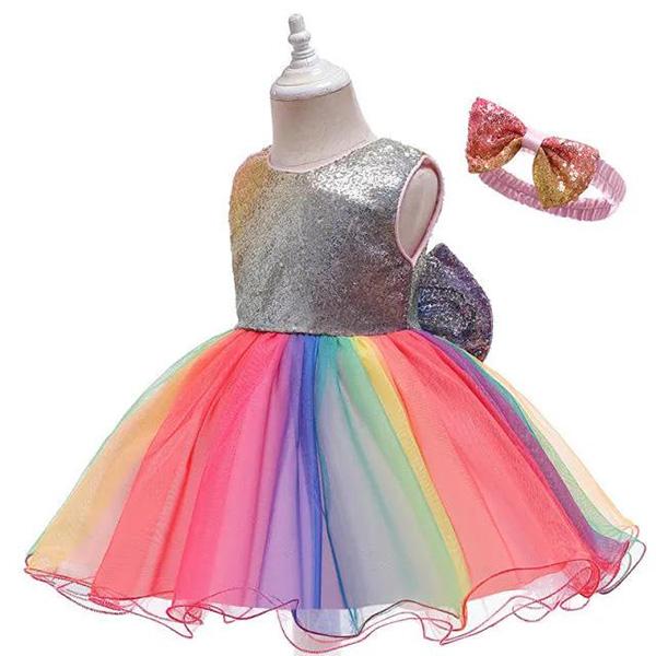Girls Princess Dress Bowknot Evening Dress Rainbow Sequined Skirt Performance Costume Fluffy Mesh Dress