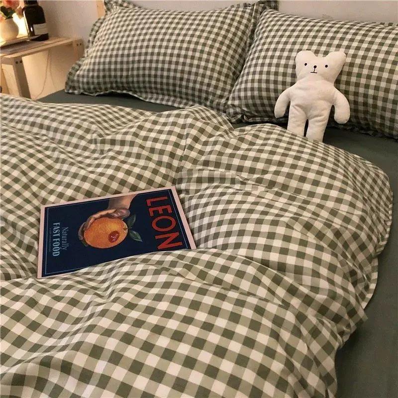 Washed Cotton Four-piece Set Korean Version Plaid Printed Quilt Cover Single Double Dormitory Four-piece Double Bed Bedding