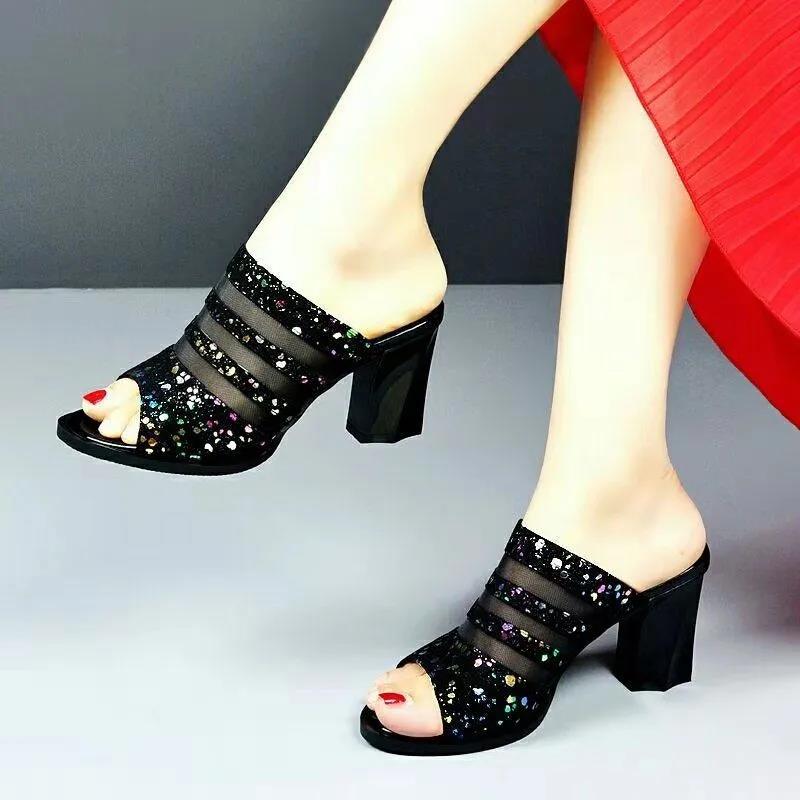 Women's Spring and Summer Large Size Fish Mouth High Heel Slippers Office Ladies Thick Heel Casual Sequins Slippers