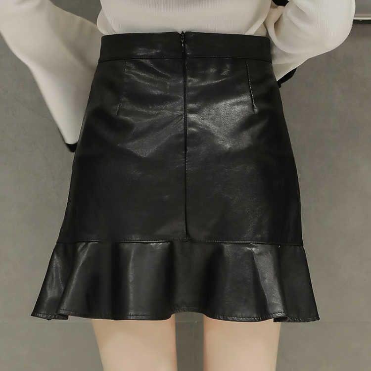Vintage Elegant Black PU Skirts Women Faux Leather Bud Skirts Pleated Ladies Sexy Party Short Skirts
