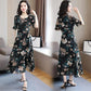 Short-sleeved Chiffon Dress Women's Summer Large Size Waist Was Thin and Long Round Neck Floral Skirt Fashionable Temperament