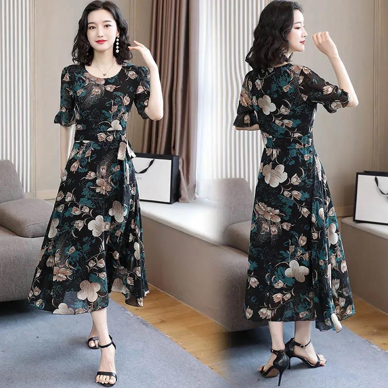Short-sleeved Chiffon Dress Women's Summer Large Size Waist Was Thin and Long Round Neck Floral Skirt Fashionable Temperament