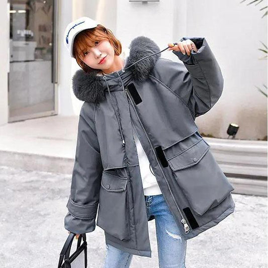 Winter All-match Loose Down Padded Jacket Women's Mid-length Waist Large Fur Collar Thickened Parker