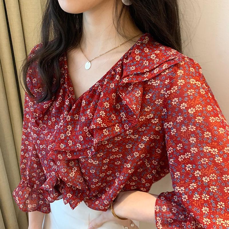 Floral V-neck Wood Ear Edge Trumpet Sleeve Seven Sleeve Chiffon Shirt, Women's Summer Korean Loose Top Trend