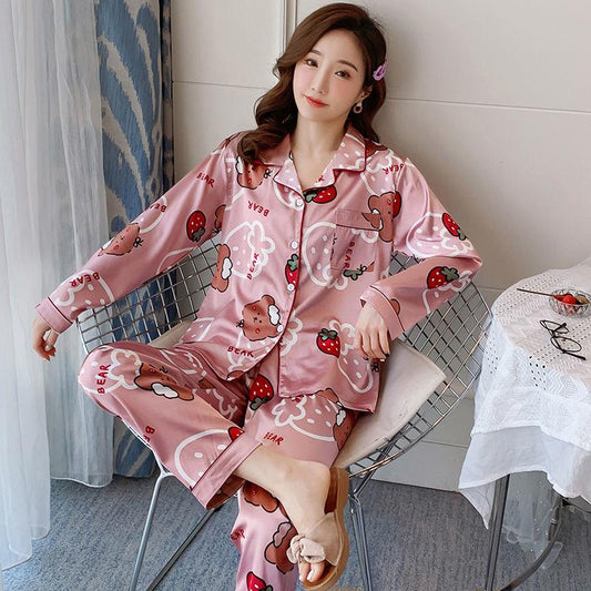 Ice Silk Long-sleeved Pajamas Feminine Feel Ladies Thin Artificial Silk Pajamas Home Service Shirt Casual Suit Style Cute and Easy To Wash