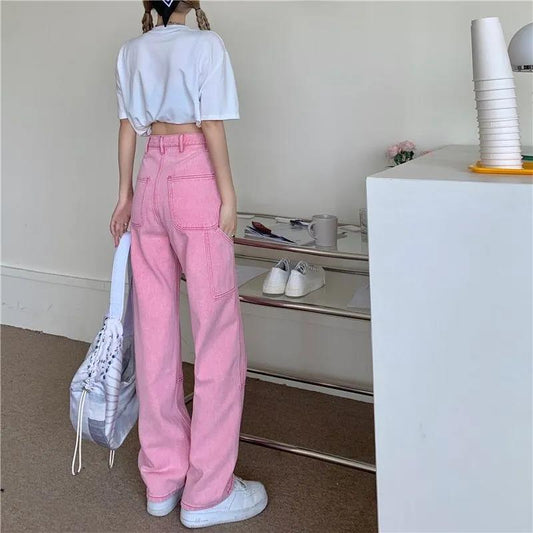 Pink Jeans Female Spring and Autumn High Waist Loose Thin Pink Wide-leg Pants Small Design Sensation Straight Trousers