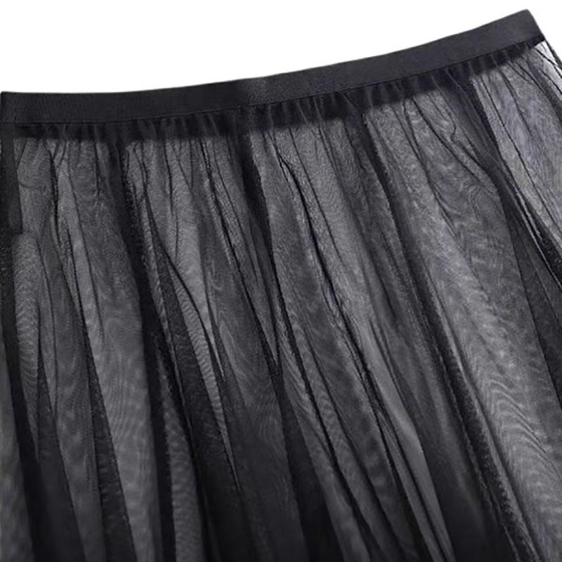 Women Skirts Summer Casual A-line Mesh Skirt Solid Color Long Skirts Elastic High Waist Skirt Loose Gauze Skirt