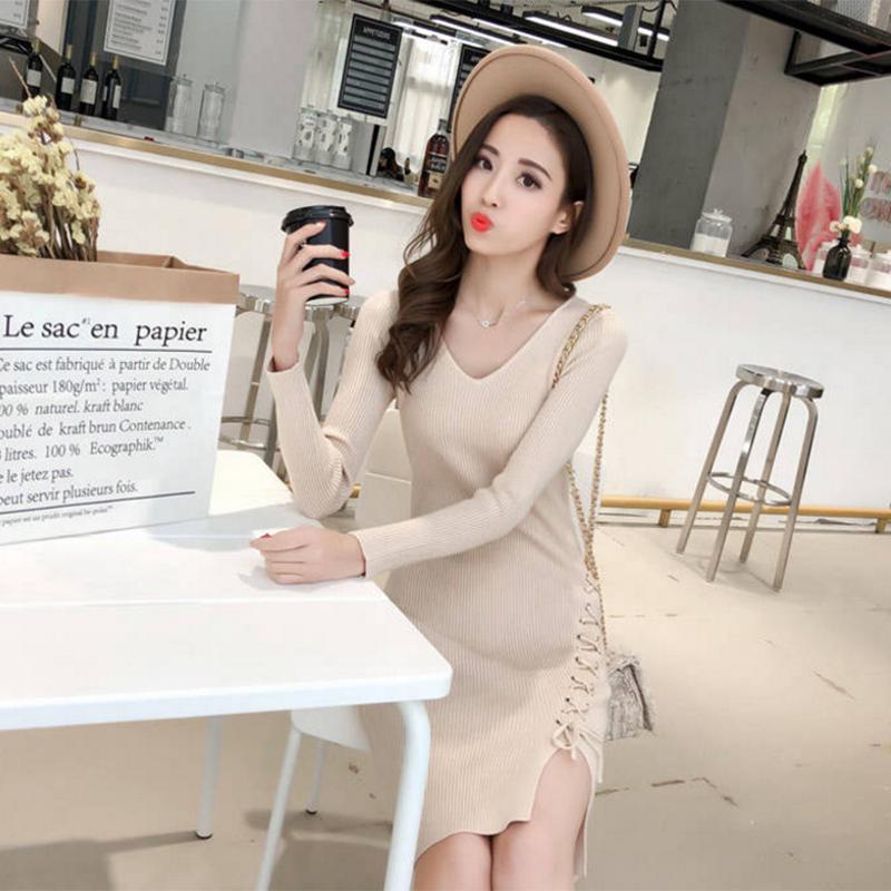 Pofulove  Winter Women's Slim Fit Hedging Mid-length Bottoming Knitted Sweater Hip Sweater Dress