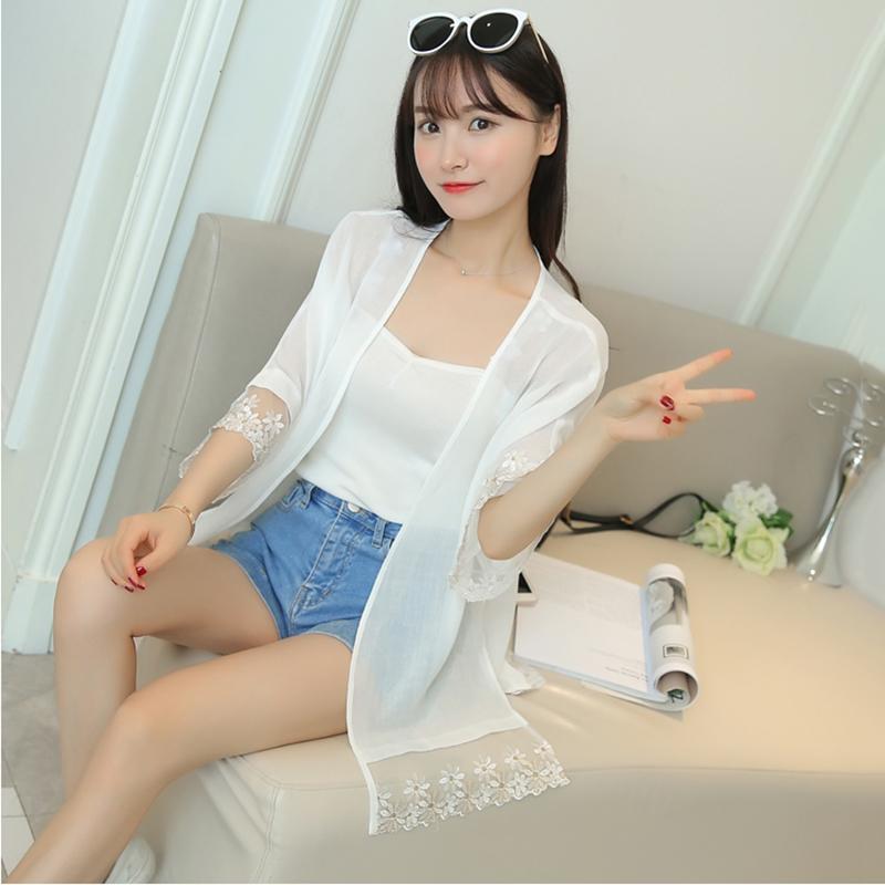 Beach Sun Cardigan Chiffon Women's Summer Thin Cotton Linen Anti-UV Length Above Knee