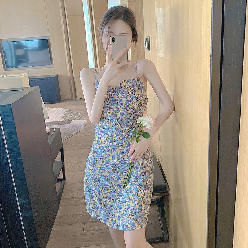 Women's Summer Simple Elegant Irregular Waist Thin Splicing Sweet Fresh Sling Party Floral Dress