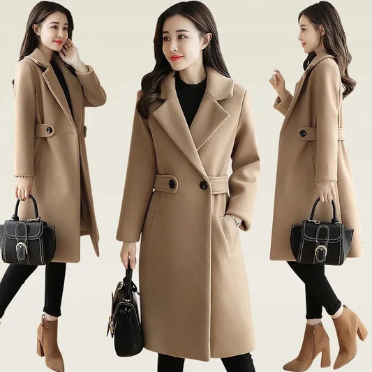 Woolen Coat Women's Mid-length Autumn and Winter Waist-length Slimming Over-the-knee Woolen Coat