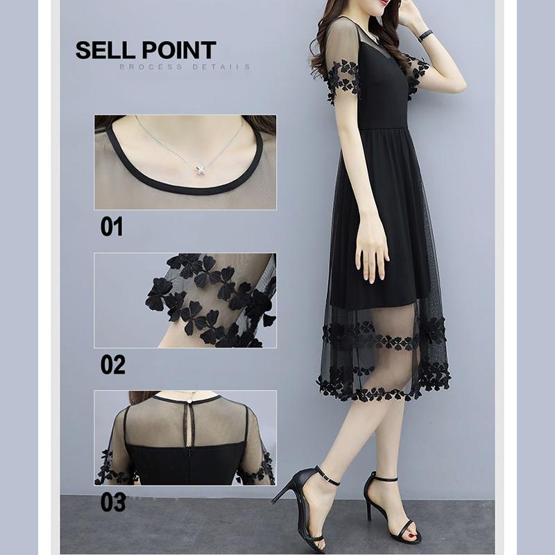 Large Size M-XXXXXL Summer Black Chiffon Stitching Laced Neckline Round Yarn Flower A-line Dress