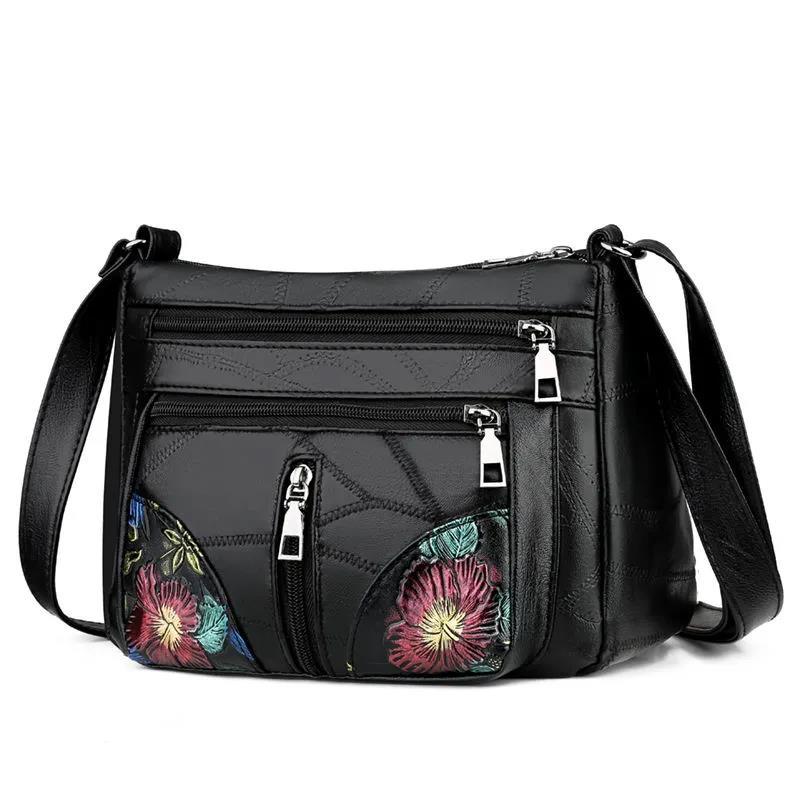 Women Multi-Layer Crossbody Bags Portable Large Capacity Classic Soft Surface Printing Black PU Leather