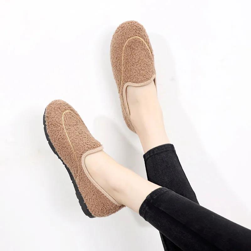 Women Autumn and Winter Versatile Soft Sole Cotton Shoes Solid Color Round Head Flat Wool Doudou Shoes