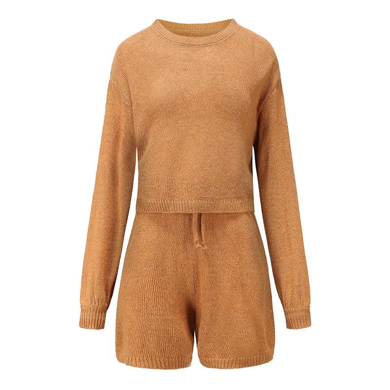 Casual Knitted Summer Women Suit Bubble Long Sleeve Suit with Shorts for Women O Neck Loose Sexy Sweater Two Piece Set