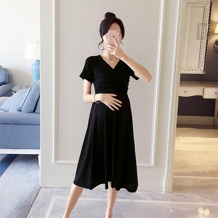 Maternity Clothes Short Sleeve Dress Mid-length Loose Plus Size V-Neck High Waist Over The Knee Skirt
