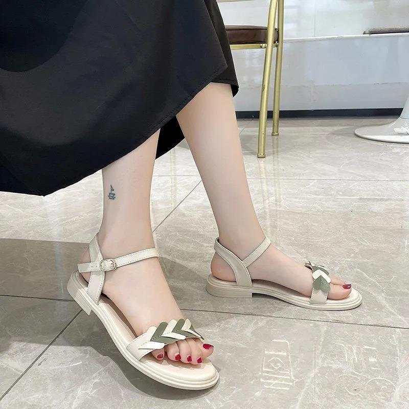 Sandals Women Summer Leisure All-match Flat Shoes One-word Buckle Low-heel Outdoor Beach Shoes