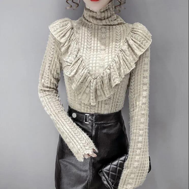 Brushed Lace Bottoming Shirt Women's Turtleneck Mesh Lace Top Slim Fit Slim Short Pullover