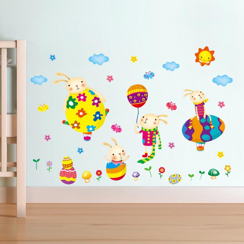 Colorful Cute egg with bunny cartoon wall sticker bedroom children room background decoration