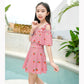 Children's Swimsuit Kids Girls Striped Five-pointed Stars One-piece Swimsuit Child Cute Off-the-shoulder Lotus Leaf Sleeve Swimming Suit
