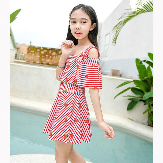 Children's Swimsuit Kids Girls Striped Five-pointed Stars One-piece Swimsuit Child Cute Off-the-shoulder Lotus Leaf Sleeve Swimming Suit