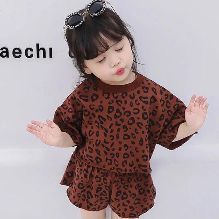 Girls' New Leopard Print Baby Summer Indoor Air-conditioning Suit Short-sleeved Shorts 2-piece Set