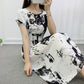 Fairy Dress Printed Vest Mid-length Dress Summer Ethnic Style Cotton Silk Floral Dress Seaside Vacation Waist Mid-length Dress